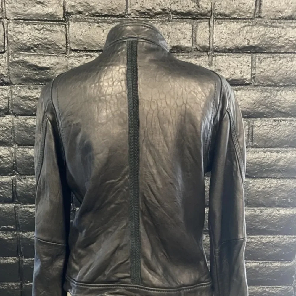 MICHAEL KORS BLACK LEATHER CAFE RACER MOTO JACKET L - Picture 5 of 9